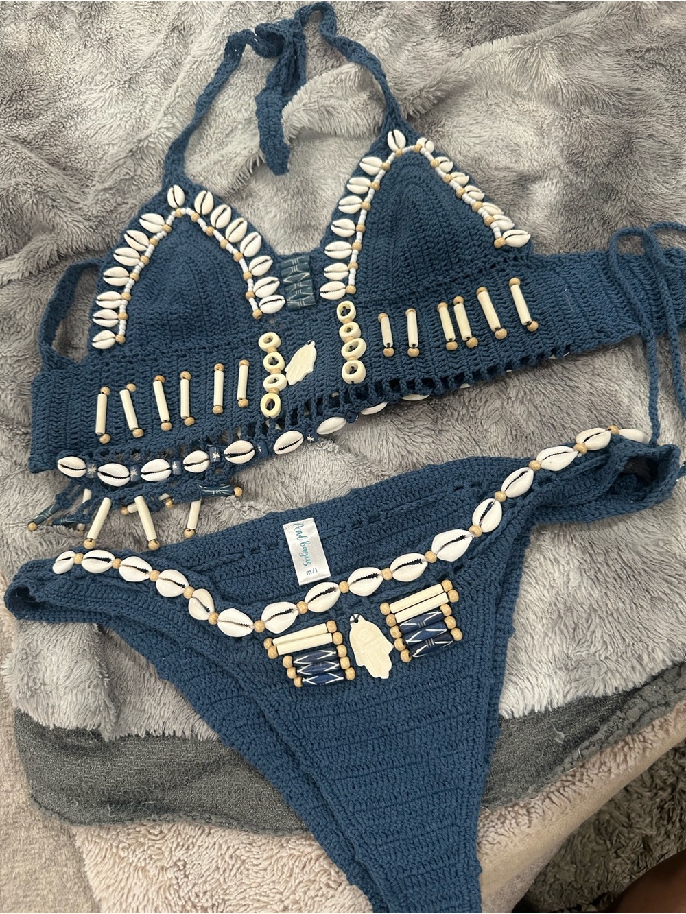 Hand-Crocheted Navy Shell-Embellished Bikini Set (Never worn) to small